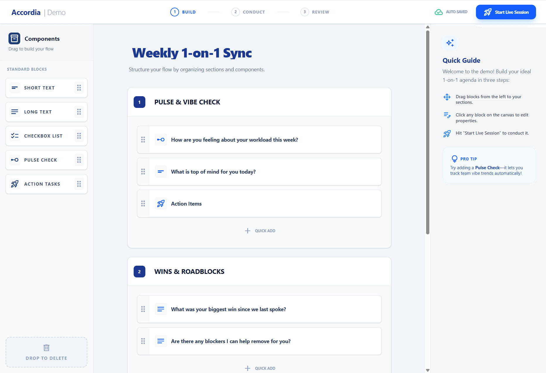 Accordia agenda builder with draggable question blocks